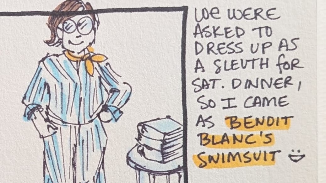 a comic with a faux Benoit Blanc, rock climbing, and a rainbow