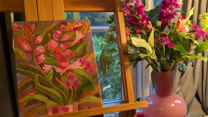 paintings of snapdragons and coastal trees!